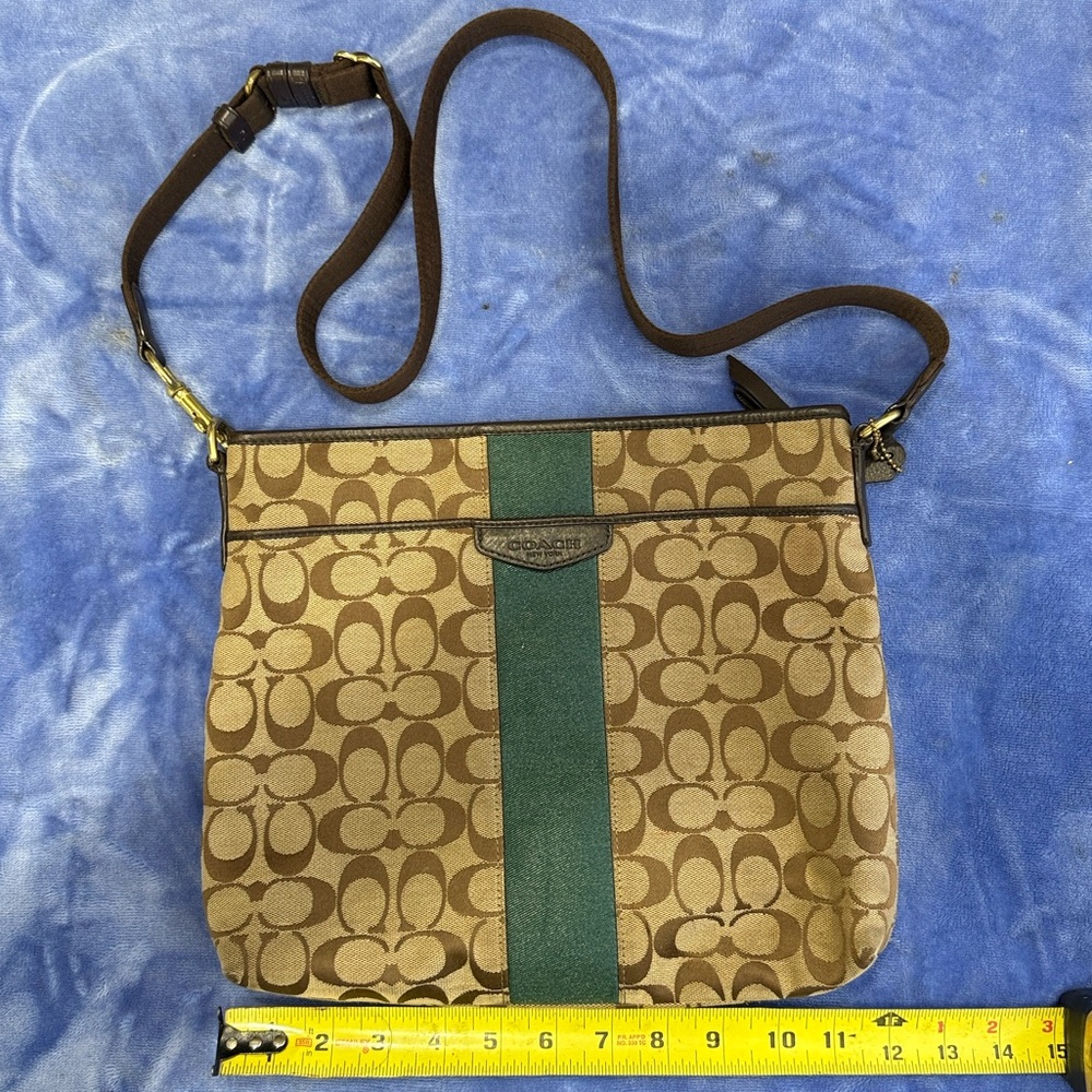 Coach Monogram Messenger Shoulder Crossbody Bag with Green Stripe